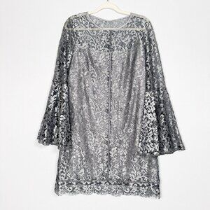 NWT WHBM Mini Dress Women’s 12 Silver Metallic Lace Bell Sleeve NYE Party